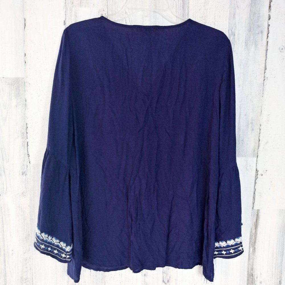 Small Navy Embroidered Tunic Top Bell Sleeves Boho - Picture 4 of 5